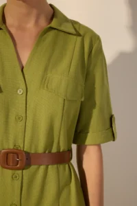 TRENDYOLMİLLA Khaki Arched linen blended Pocket Detail Midi Weaving Shirt Dress - Image 3