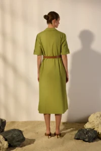 TRENDYOLMİLLA Khaki Arched linen blended Pocket Detail Midi Weaving Shirt Dress - Image 4
