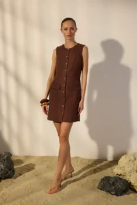 TRENDYOLMİLLA Brown linen blended Pocket Detail Mini Weaving Shirt Dress - Image 2