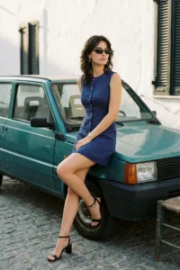 TRENDYOLMİLLA Navy Blue linen blended Pocket Detail Mini Weaving Shirt Dress