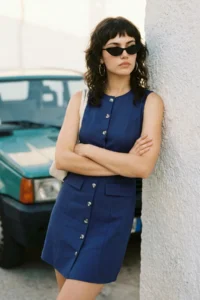 TRENDYOLMİLLA Navy Blue linen blended Pocket Detail Mini Weaving Shirt Dress - Image 2