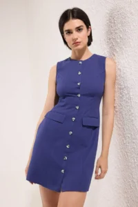 TRENDYOLMİLLA Navy Blue linen blended Pocket Detail Mini Weaving Shirt Dress - Image 5