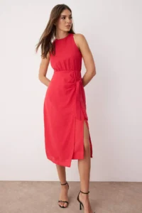 TRENDYOLMİLLA Rejection Plain Binding Detailed Midi Weaving Dress