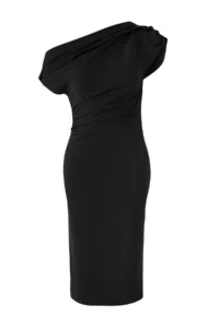 TRENDYOLMİLLA Black Midi Ruffle/Drape Detailed Knitting Dress - Image 5