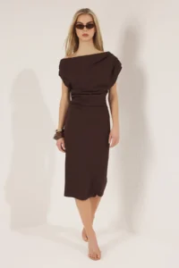 TRENDYOLMİLLA Brown Midi Ruffle/Drape Detailed Knitting Dress - Image 2