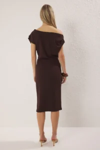 TRENDYOLMİLLA Brown Midi Ruffle/Drape Detailed Knitting Dress - Image 4