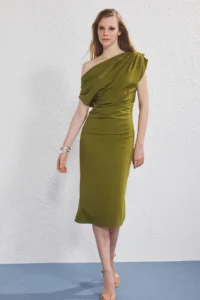 TRENDYOLMİLLA Oil Green Midi Gathering/Drape Detailed Knitting Dress - Image 2