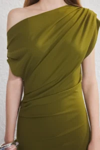 TRENDYOLMİLLA Oil Green Midi Gathering/Drape Detailed Knitting Dress - Image 3