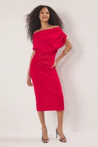 TRENDYOLMİLLA Rejection Midi Ruffle/Drape Detailed Knitting Dress