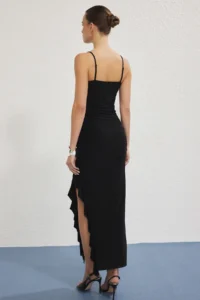 TRENDYOLMİLLA Black Sleeveless Frilly slit Flexible Maxi Knitting Dress - Image 4