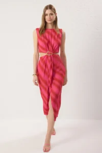 TRENDYOLMİLLA Pink Abstract Patterned Waist Dekolteli Maxi Weaving Dress - Image 2