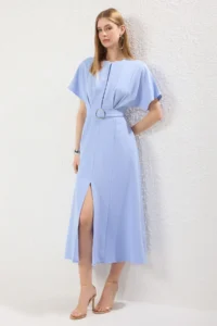 TRENDYOLMİLLA Light Blue Belted Skirt Opened at Waist Dress