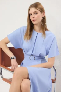 TRENDYOLMİLLA Light Blue Belted Skirt Opened at Waist Dress - Image 2