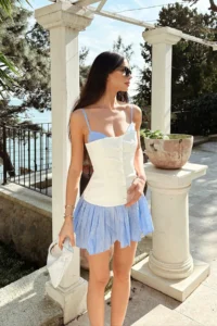 TRENDYOLMİLLA White-Blue pleated Mini Weaving Dress - Image 3