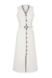 TRENDYOLMİLLA White Arched A Cut Piping and Button Detailed Lined Midi Weaving Dress - Image 5