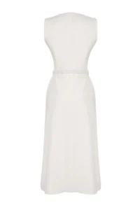 TRENDYOLMİLLA White Arched A Cut Piping and Button Detailed Lined Midi Weaving Dress - Image 6