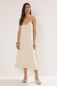 TRENDYOLMİLLA Beige Plain Midi denim Dress