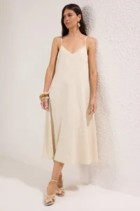 TRENDYOLMİLLA Beige Plain Midi denim Dress - Image 2