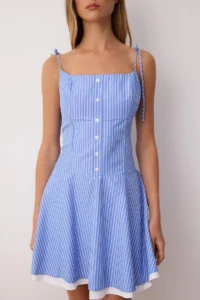 TRENDYOLMİLLA Mavi Striped Weaving Mini Dress - Image 3