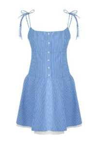 TRENDYOLMİLLA Mavi Striped Weaving Mini Dress - Image 5