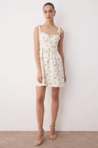 TRENDYOLMİLLA Ecru Skirt with flywheel Fruit Patterned Mini Weaving Dress