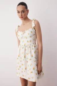 TRENDYOLMİLLA Ecru Skirt with flywheel Fruit Patterned Mini Weaving Dress - Image 2