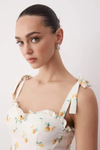 TRENDYOLMİLLA Ecru Skirt with flywheel Fruit Patterned Mini Weaving Dress - Image 3
