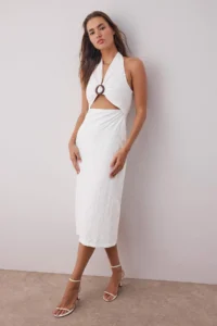 TRENDYOLMİLLA White Waist Dekolteli Accessory Detailed Maxi Lined Weaving Dress