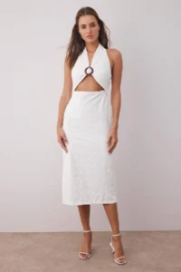TRENDYOLMİLLA White Waist Dekolteli Accessory Detailed Maxi Lined Weaving Dress - Image 2