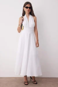 TRENDYOLMİLLA White Dekolteli Barbell Neck Poplin Lined Weaving Dress - Image 5
