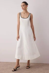 TRENDYOLMİLLA Plain Midi Weaving Dress with Ecru Linen Content