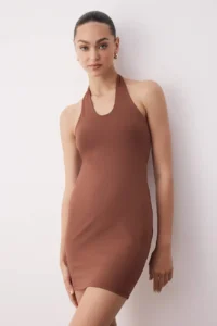TRENDYOLMİLLA Brown Halter Neck Fitted Flexible Mini Knitting Dress - Image 2