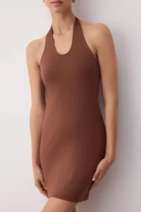 TRENDYOLMİLLA Brown Halter Neck Fitted Flexible Mini Knitting Dress - Image 3