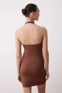 TRENDYOLMİLLA Brown Halter Neck Fitted Flexible Mini Knitting Dress - Image 4