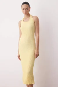 TRENDYOLMİLLA Yellow textured Halter neck bodycone/Fitting Flexible Maxi Knitting Dress - Image 2