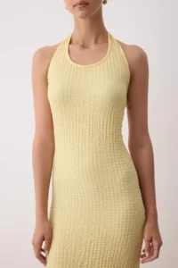 TRENDYOLMİLLA Yellow textured Halter neck bodycone/Fitting Flexible Maxi Knitting Dress - Image 3