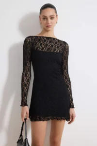 TRENDYOLMİLLA Black Low-cut back Asymmetric Detailed Mini/Short Lace Flexible Knitting Dress