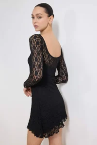 TRENDYOLMİLLA Black Low-cut back Asymmetric Detailed Mini/Short Lace Flexible Knitting Dress - Image 3