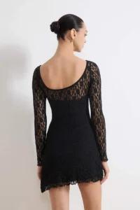 TRENDYOLMİLLA Black Low-cut back Asymmetric Detailed Mini/Short Lace Flexible Knitting Dress - Image 4