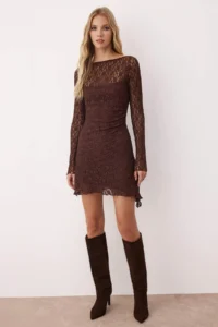 TRENDYOLMİLLA Brown Low-cut back Asymmetric Detailed Mini/Short Lace Flexible Knitting Dress