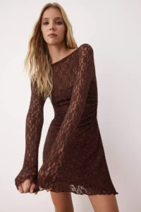 TRENDYOLMİLLA Brown Low-cut back Asymmetric Detailed Mini/Short Lace Flexible Knitting Dress - Image 2