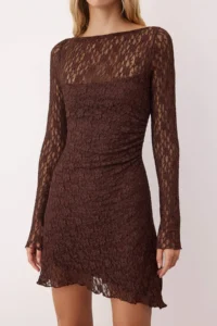 TRENDYOLMİLLA Brown Low-cut back Asymmetric Detailed Mini/Short Lace Flexible Knitting Dress - Image 3
