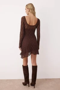 TRENDYOLMİLLA Brown Low-cut back Asymmetric Detailed Mini/Short Lace Flexible Knitting Dress - Image 4