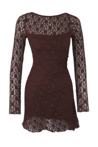 TRENDYOLMİLLA Brown Low-cut back Asymmetric Detailed Mini/Short Lace Flexible Knitting Dress - Image 5