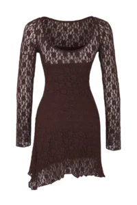 TRENDYOLMİLLA Brown Low-cut back Asymmetric Detailed Mini/Short Lace Flexible Knitting Dress - Image 6