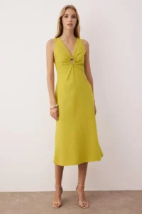 TRENDYOLMİLLA Oil Green Linen A Cut Midi Weaving Dress