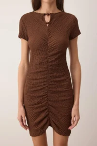 TRENDYOLMİLLA Brown Plain Accessory Detailed Ruffle/Drape Detailed Short/Mini Knitting Dress - Image 3
