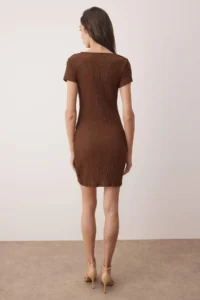 TRENDYOLMİLLA Brown Plain Accessory Detailed Ruffle/Drape Detailed Short/Mini Knitting Dress - Image 4