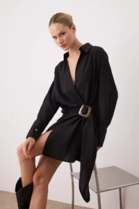 TRENDYOLMİLLA Black Accessory Detailed Double breasted Short / Mini Weaving Dress - Image 2
