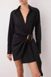TRENDYOLMİLLA Black Accessory Detailed Double breasted Short / Mini Weaving Dress - Image 3